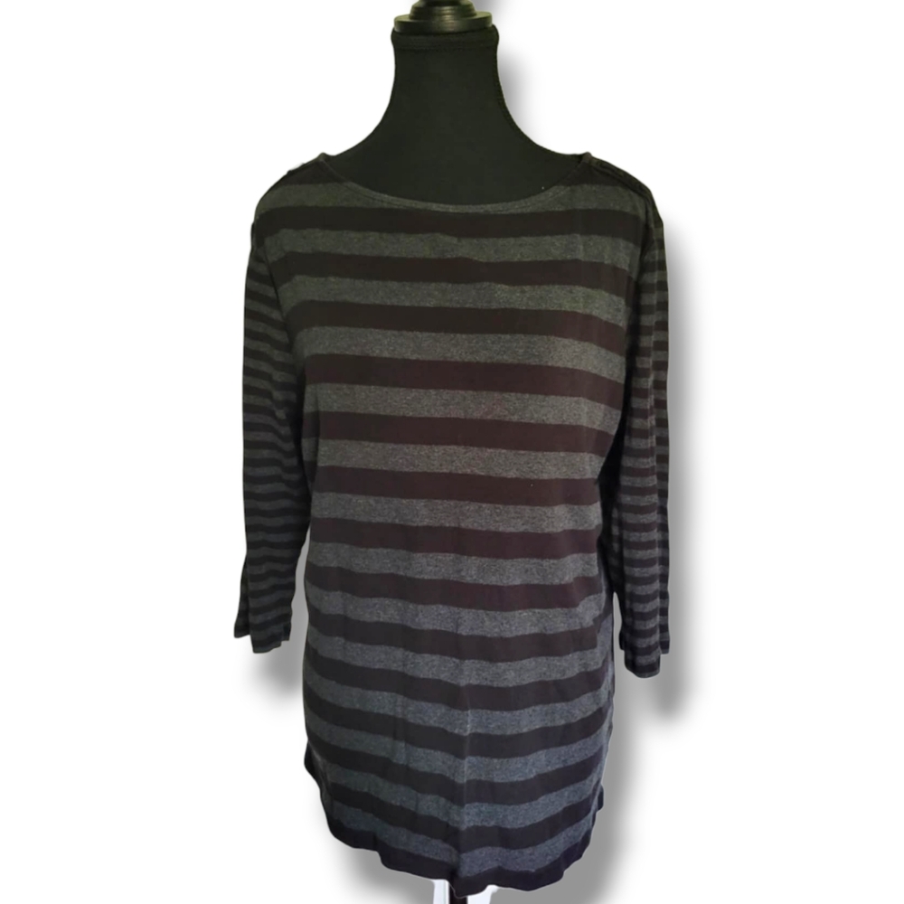 Segments XL Gray Striped Boat Neck 3/4 Sleeve Long Cotton Top